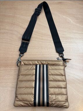 THINK ROYLN Metallic Bronze Crossbody with Striped Webbing